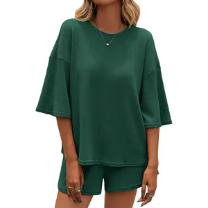 Aoysky Womens 2 Piece Outfits Sweater Set Lounge Sets 2026 3/4 Sleeve Oversized Tops and Elastic Waist Shorts Pajama Sets