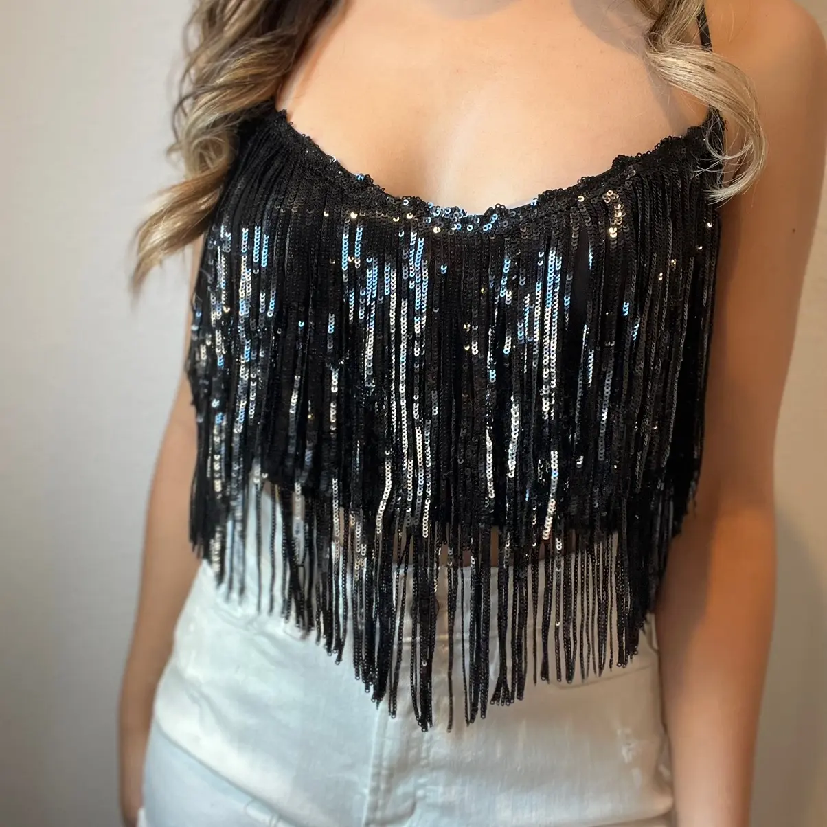 Sparkly Fringe Black Top