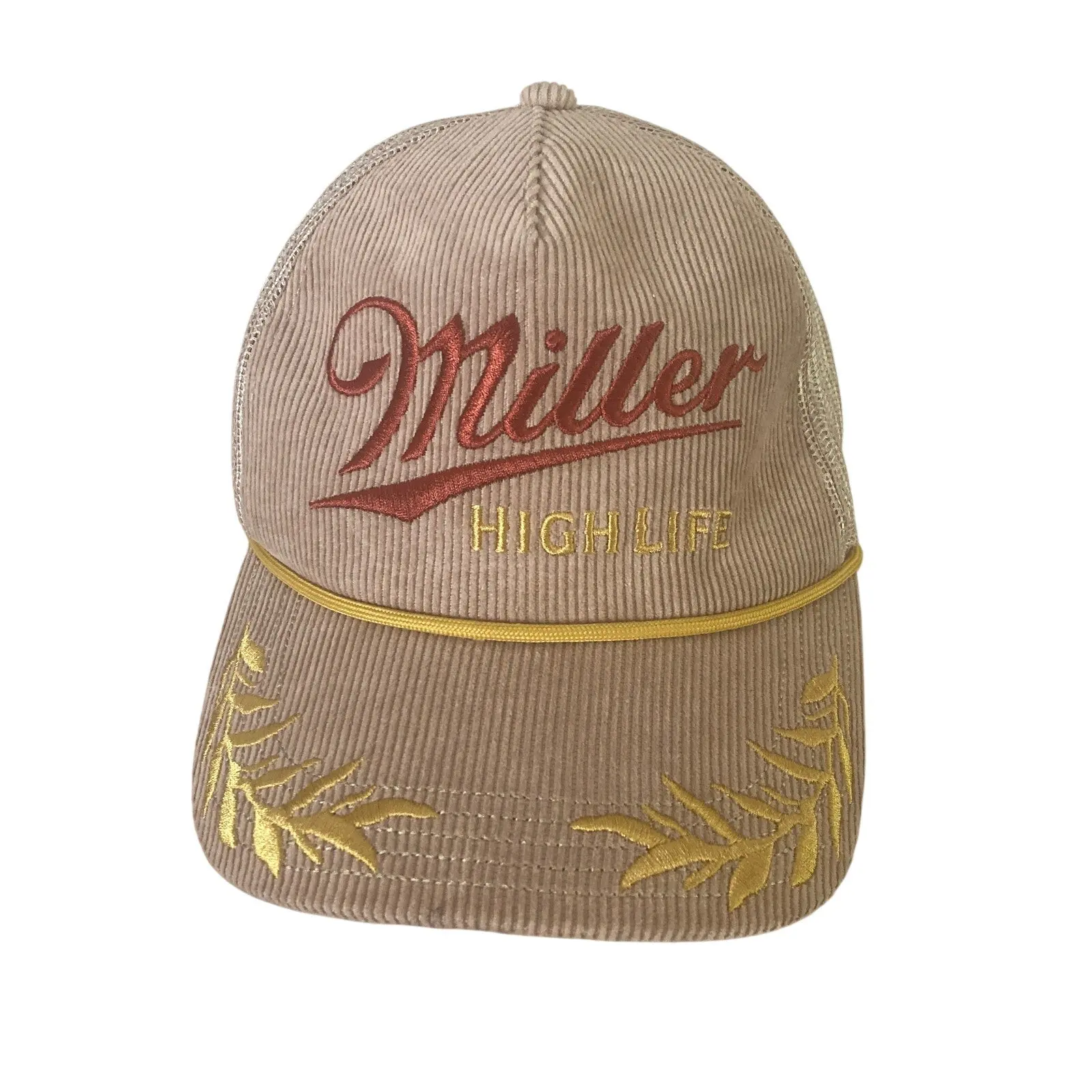 Miller High Life Trucker Hat Tan Corduroy Mesh Snapback Beer Cap One Size OSFM