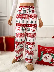 Elegant Women's Christmas Reindeer Tree Print Fleece Straight Leg Pants, Warm Style, Festive Holiday Wear, Comfortable Winter