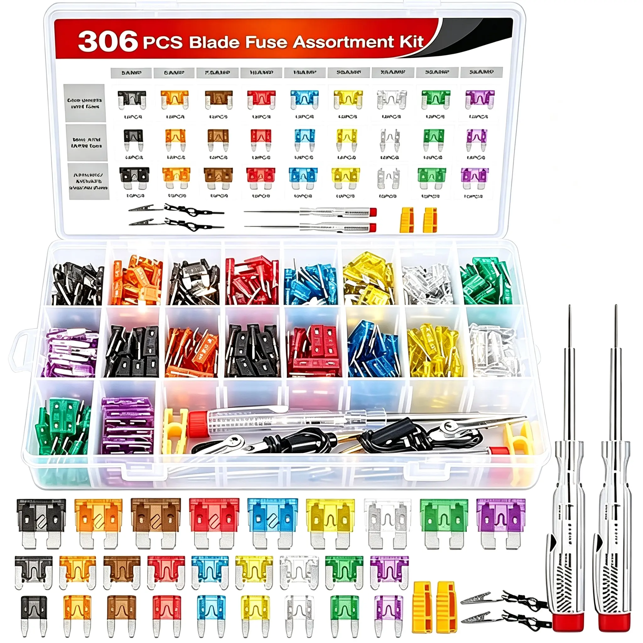 306-Piece Transparent Blade Fuse Assortment Kit - 108pcs Standard+Mini Low Profile Blades (2-35A), Puller Tool, Circuit Tester, Universal Fit for SUV, Cars, Trucks, Boats Automotive Replacement, 108Pcs Mini Fuses
