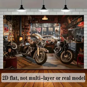 2D flat banner, retro garage studio theme background decoration backdrop fabric, polyester fiber banner decoration, home decoration, room decoration, wall decoration, party background decoration, party supplies/gift decoration backdrop