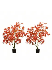 【Christmas Gift】Red - 4 feet 2Pcs Maple Tree Artificial, Red Maple Artificial Fall Tree With Realistic Leaves Artificial Maple Tree Potted For Thanksgiving Harvest Party Home Decoration
