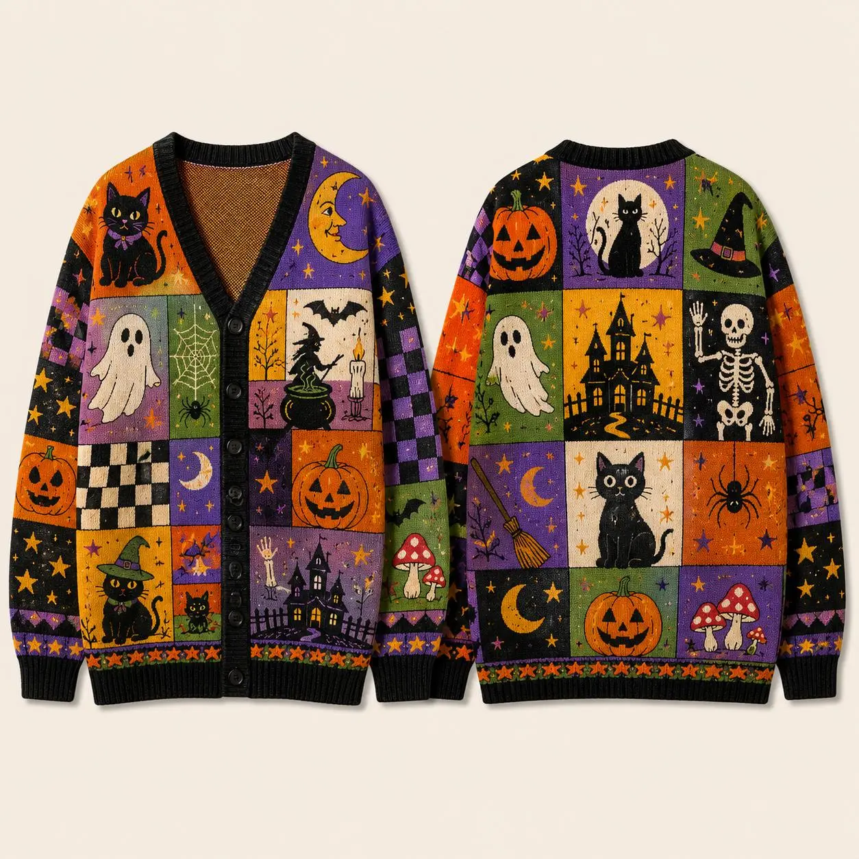 Halloween Patchwork Knitted Cardigan – Ghost, Black Cat, Pumpkin & Witch Button-Up Sweater, Vintage Spooky Fall Outfit Gift