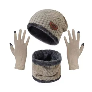 A set of three woolen items given by a brother to his sister: hat, scarf, and gloves. Black knitted hat, warm winter neck warmer, elastic design, suitable for outdoor gatherings and as a couple accessory.