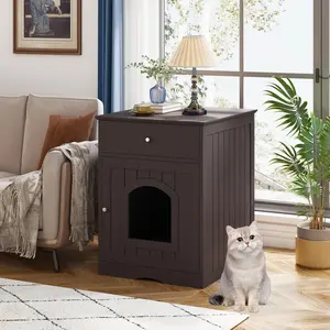 Brown Litter Box Enclosure, Hidden Cat Litter Box Cabinet with Drawer, Wooden Pet Crate, Litter Box Furniture as Cat House, End Table, Fit Most of Litter Box