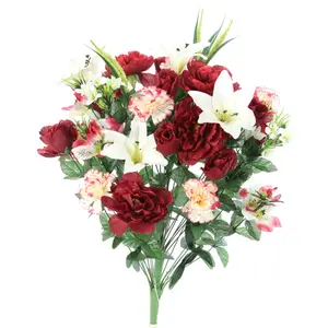 40 Stems Artificial Full Blooming Lily, Rose Bud, Carnation & Mum with Greenery Mixed Flower - Burgundy & Cream