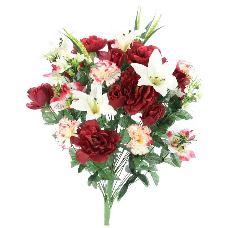 40 Stems Artificial Full Blooming Lily, Rose Bud, Carnation & Mum with Greenery Mixed Flower - Burgundy & Cream