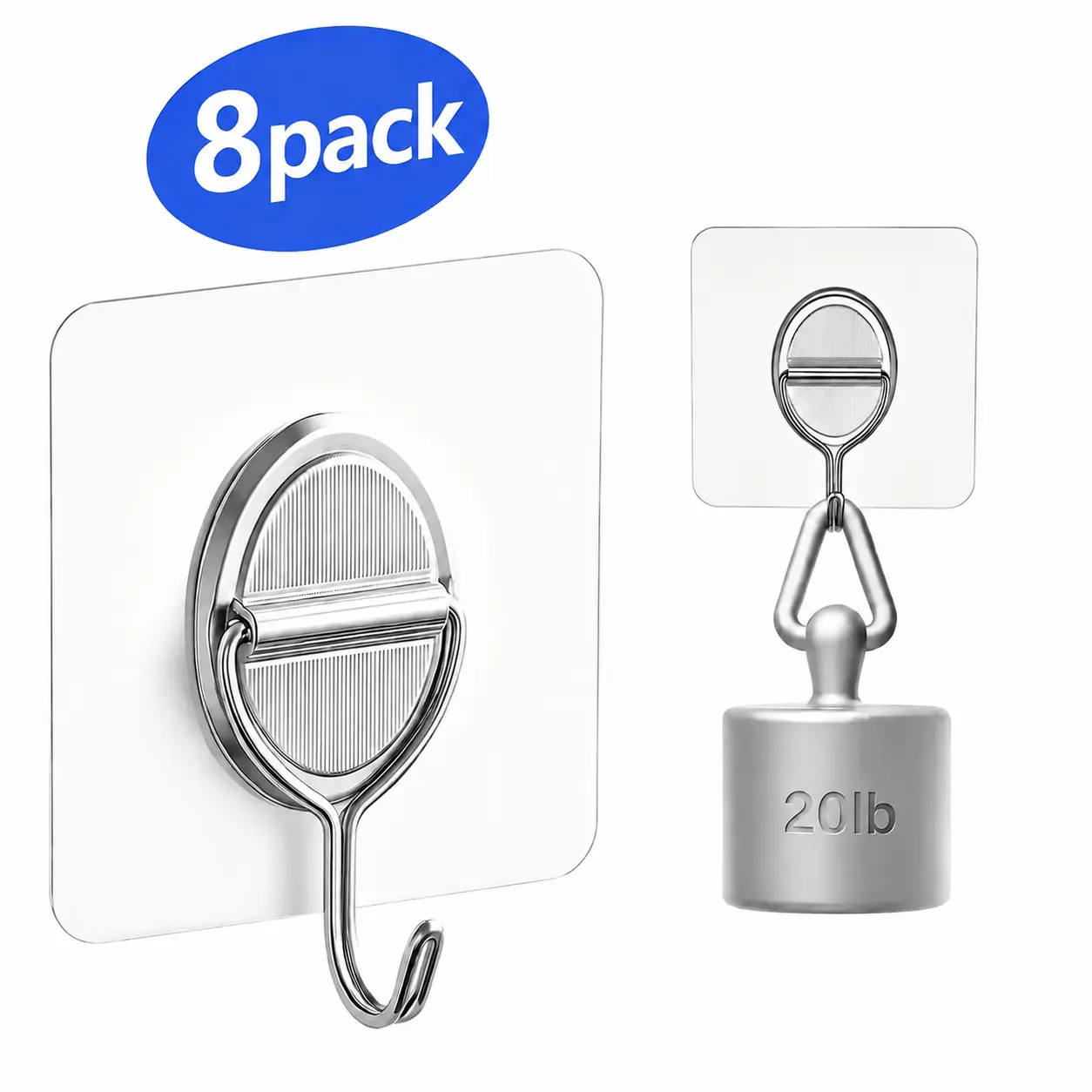Hooks for Hanging, 8 Pack Clear Adhesive Wall Hooks, 20lb Hold, No Damage Transparent Reusable Waterproof Adhesive Hook for Kitchen, Bathroom, Coats