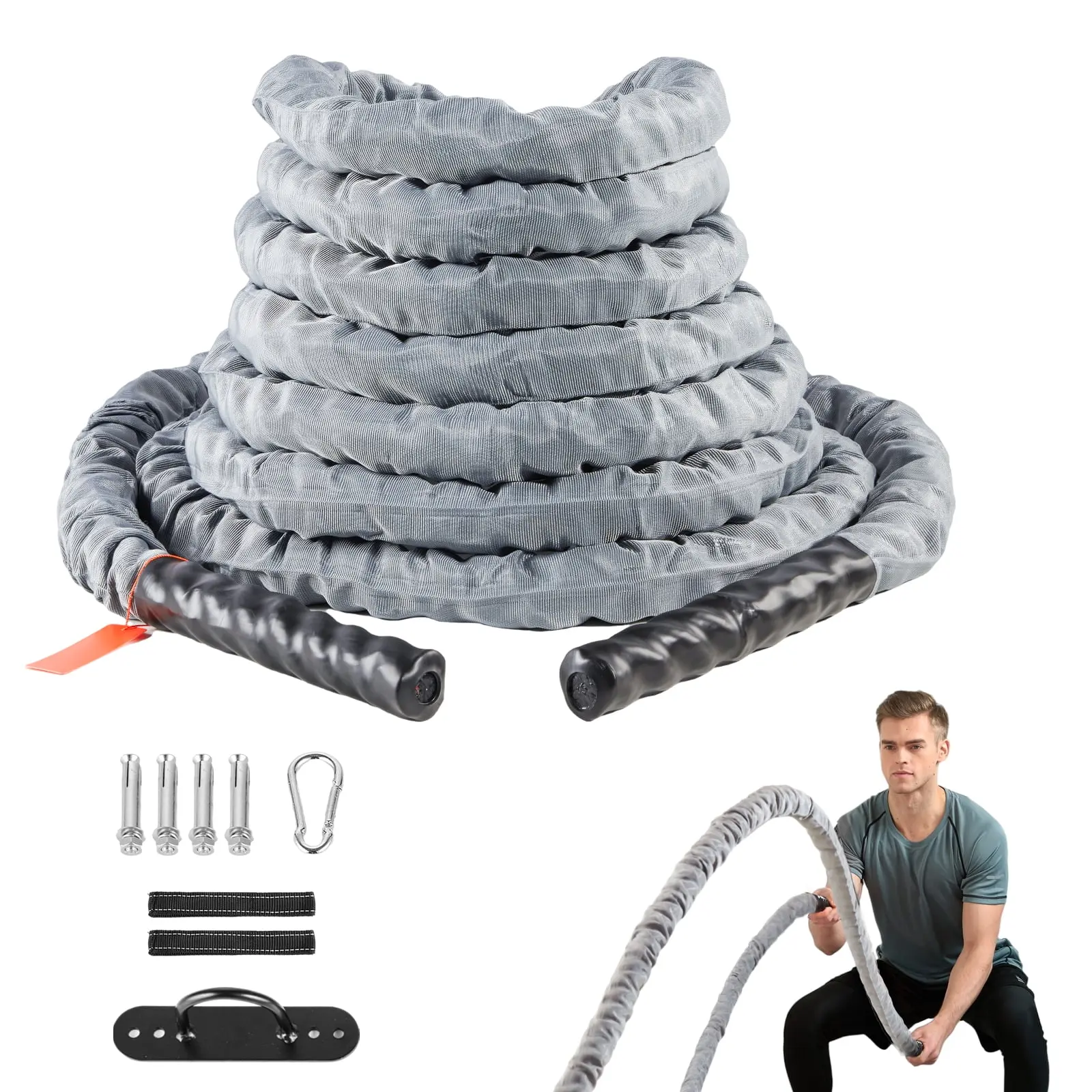 Exercise Rope, 1.5 Inch Wide by 30 Feet Long, Durable Polyester Workout Rope with Protective Sleeve & Anchor Kit, Weighted Fitness Rope for Core Strength Training in Home Gyms, Gray