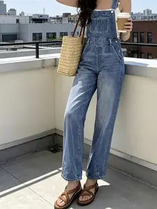 Women's One-Piece Denim Romper - Adjustable Strap Wide-Leg Jeans Overall, Loose Fit Bib Pants with Side Pockets, Non-Transparent Workwear Outfit for Everyday & Formal Events - Perfect Gift for Women, Durable Fabric;;