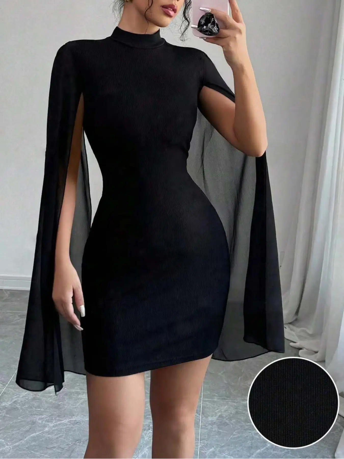 Women's Black Stand Collar Cape Sleeve Mesh Bodycon Dress Fitted and Flattering Short Skirt Elegant Formal Evening Party and Date Night Attire Women's Aesthetic Fashionable and Sexy Clothing Womenswear Lady Evening Event Clothing
