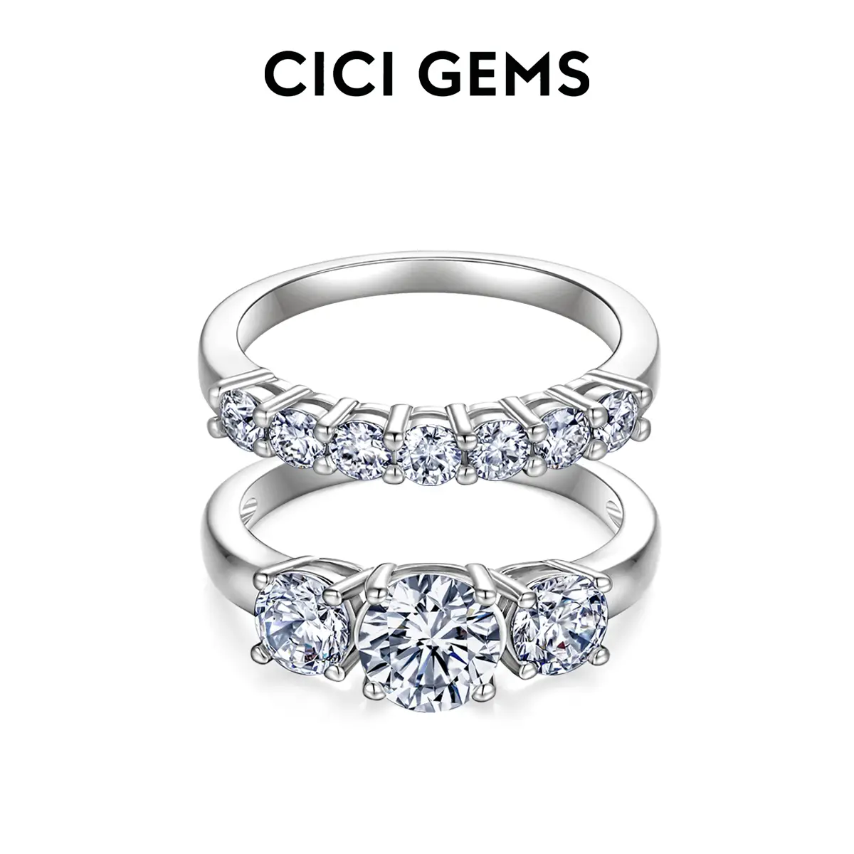 CICI GEMS Lab-Created Moissanite Rings 2CT Brilliant Cut D Color VVS1 Clarity 3 Stones for Women Stackable Setting 18K White Yellow Gold Plated Hypoal