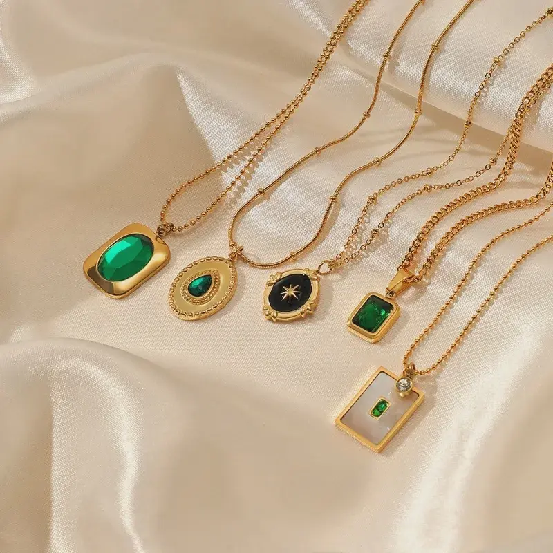 Square Green Rhinestone Pendant Necklace for Women