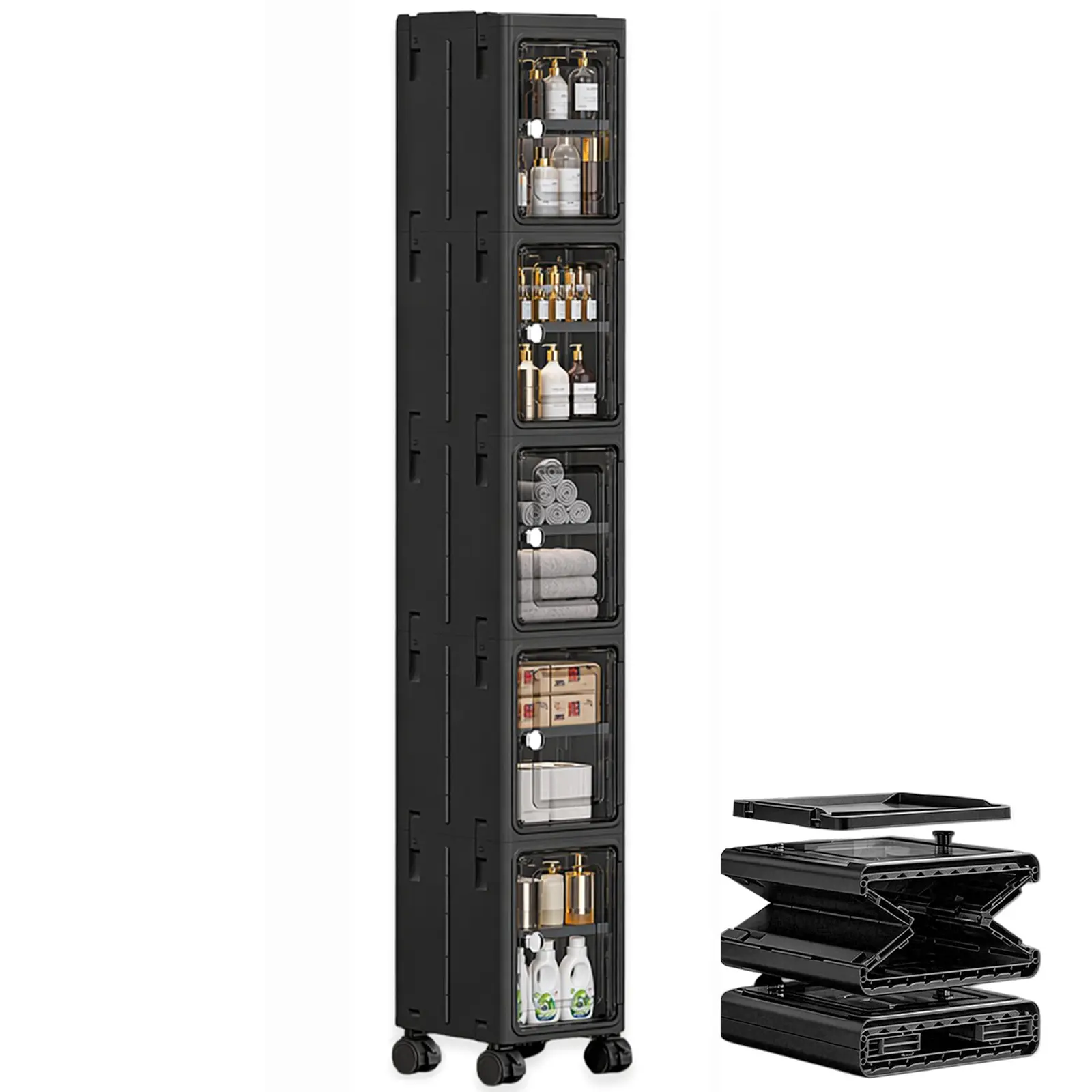 Black 5-Tier Slim Narrow Plastic Rolling Storage Cabinet with 360° Swivel Casters, Adjustable Shelves, Dustproof, Modern, Generous Capacity - Space-Saving Home Organizer for Bathroom, Kitchen, Small Spaces