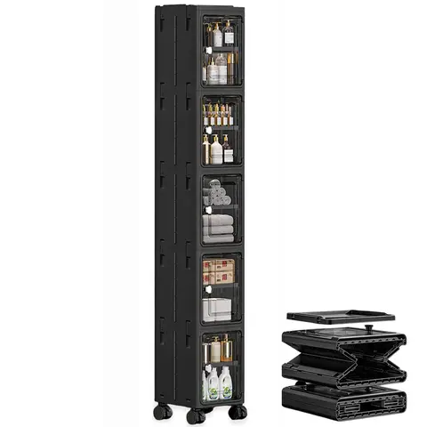 Black 5-Tier Slim Narrow Plastic Rolling Lockable Freestanding Storage Cupboard - Modern Storage Cabinets, Multifunctional Cupboard, 360° Smooth Roll Casters, Adjustable Shelves, Dustproof, Space-Saving Flat Fold House Organizers for Garage, Entryway