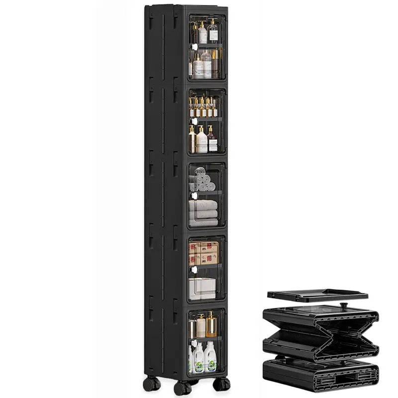 Black 5-Tier Slim Narrow Plastic Rolling Lockable Freestanding Storage Cupboard - Modern Storage Cabinets, Multifunctional Cupboard, 360° Smooth Roll Casters, Adjustable Shelves, Dustproof, Space-Saving Flat Fold House Organizers for Garage, Entryway