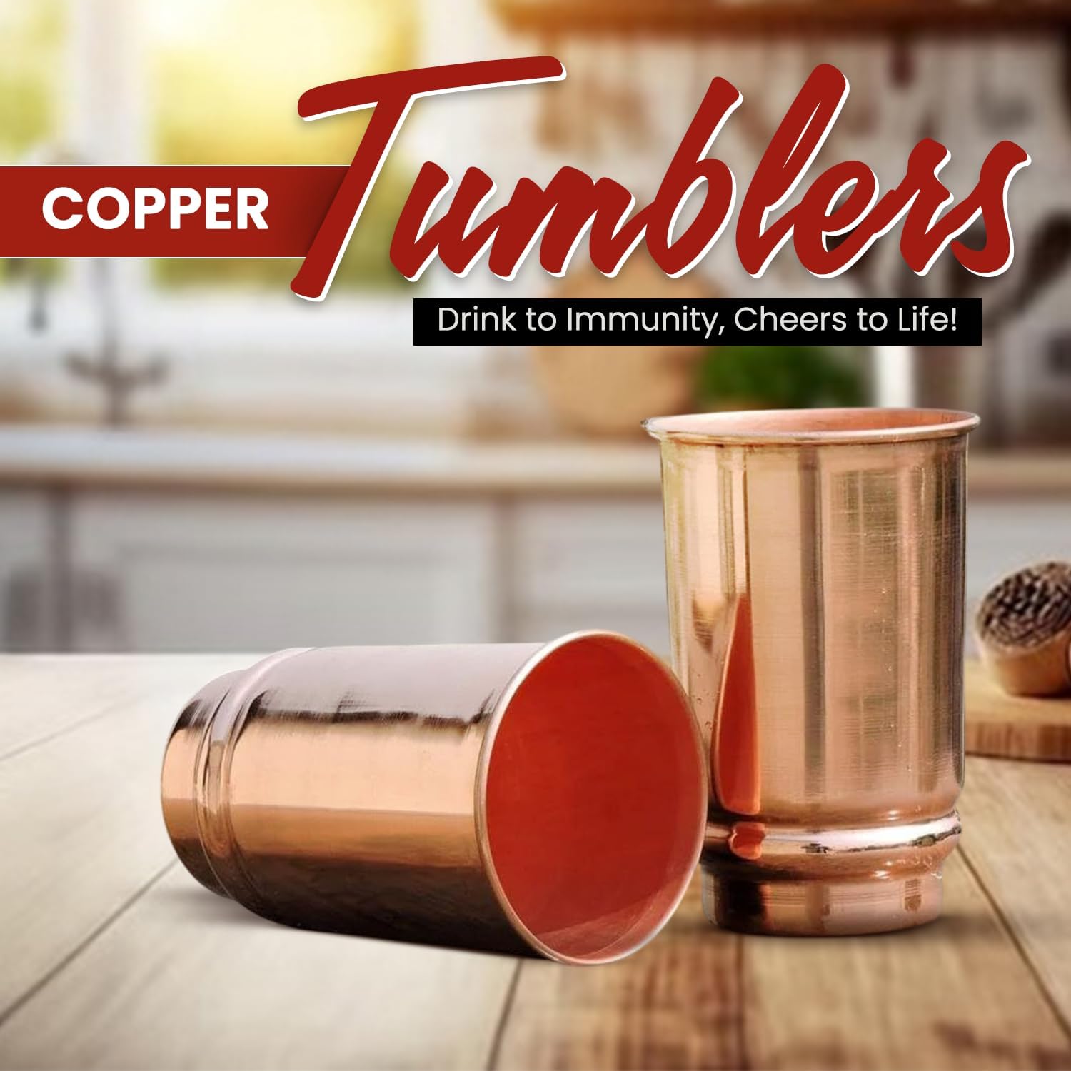 Set of 2 Copper Tumbler | 350 ml / 11.8 Oz 100% Pure Copper Plain Glasses | Ayurvedic Health Benefits Medicine Cups | Drinking Water Tumblers 2 Pieces | Unlined Uncoated Lacquer Free
