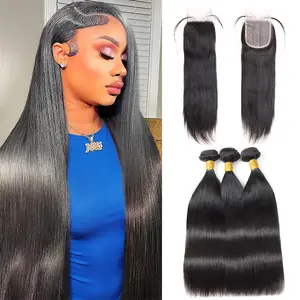 Straight Hair Bundles with Closure Brazilian Straight Hair 3 Bundles with 4x4 Lace Closure