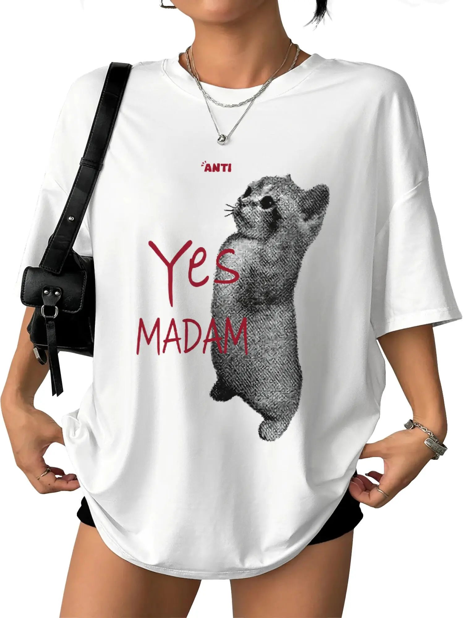 Women's Retro Loose Funny Cat Animal Paws Graphic T-Shirt - Yes Madam Vintage Halftone Unisex Casual Short Sleeve Top for Joggers