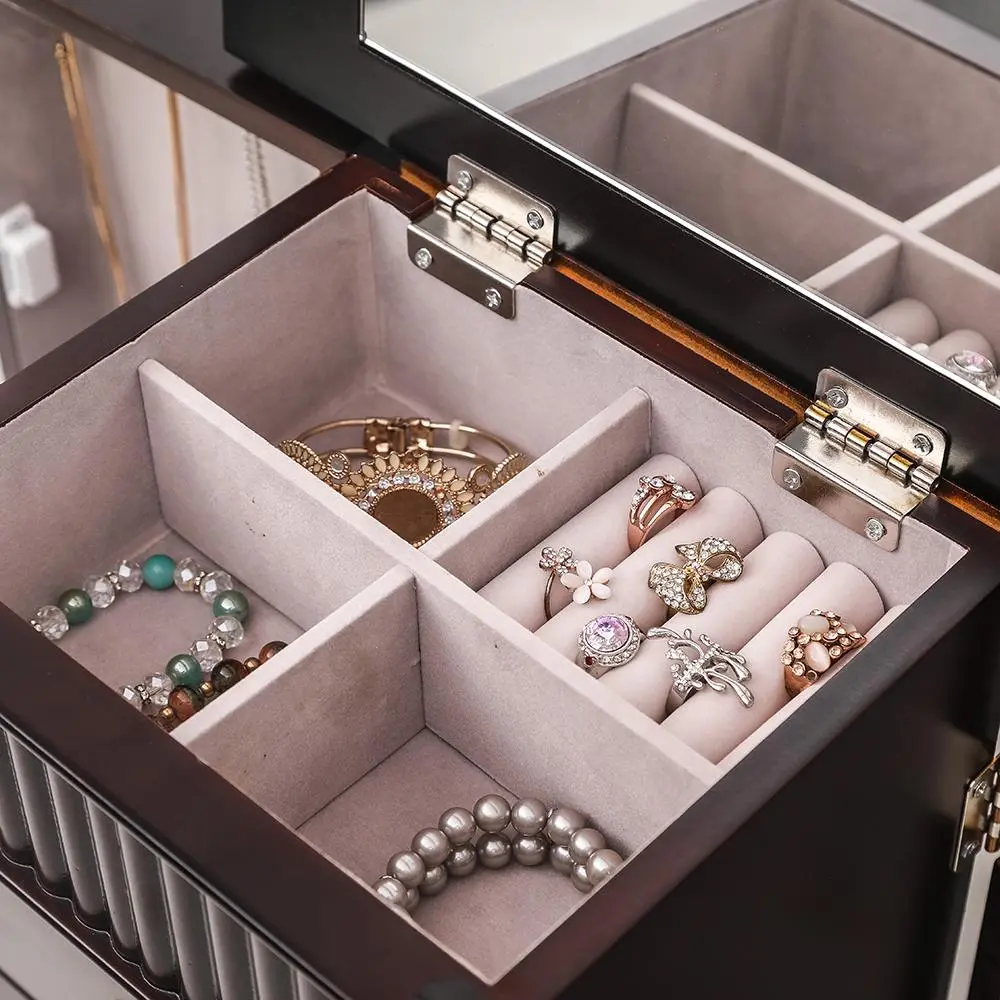 Standing Jewelry Armoire Cabinet - Large Storage Chest with 7 Drawers, 2 Swing Doors, 16 Necklace Hooks, Dark Brown & Beige Flann Boxes Organiser