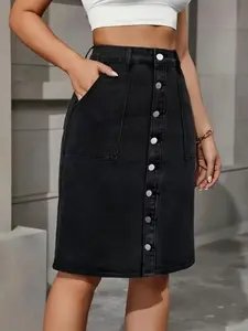 Women's Y2K Denim Midi Skirt, High Waist Single Button Large Pocket A-Line Half Skirt, Chic, Fashionable and Stylish Design