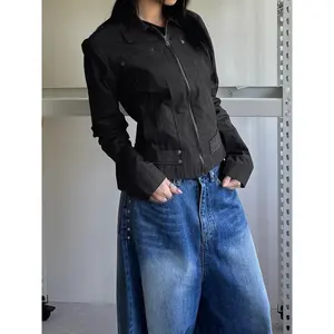 Women’s Fall & Winter Rivet Utility Jacket, Loose-Fit Street Style Coat, Solid Color, Medium Fabric Weight, Casual Outerwear