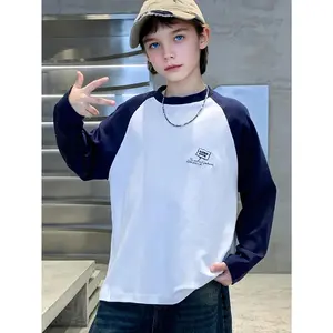 Boys' Long Sleeve T-Shirt with Contrast Color Block & Raglan Sleeves - Oversized H-Line Fit, Round Neck Casual Shirt for Spring/Fall Layering, & Outdoor Play - Easy-Care Kids' Top (White/Black/Navy)(Gift)11
