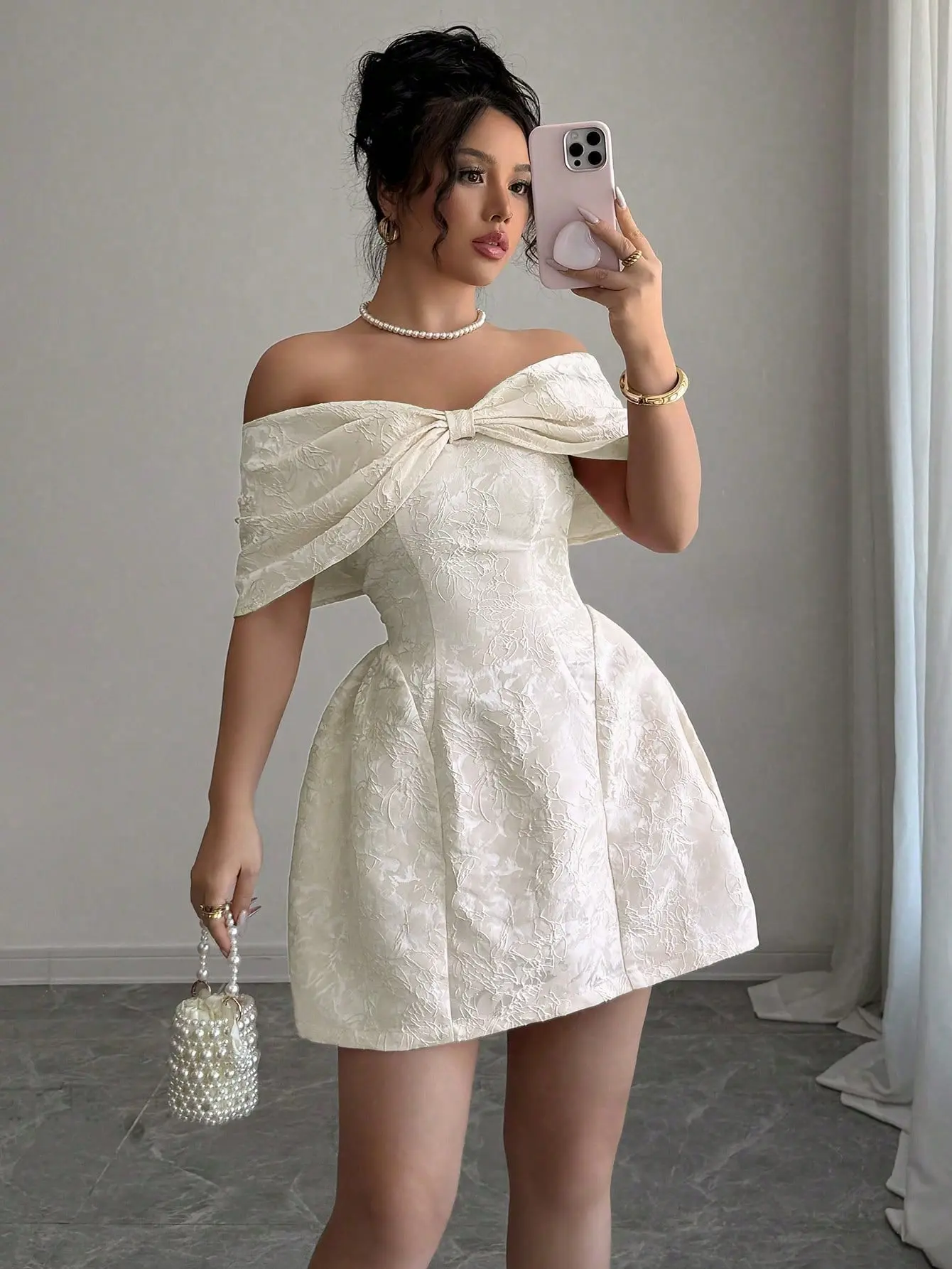 Women’s French Pink Floral Jacquard Midi Dress - One Shoulder Bow Waist Cinched Outfit - Elegant Birthday Dress Women, elegant party dress women, waist cinched dress women