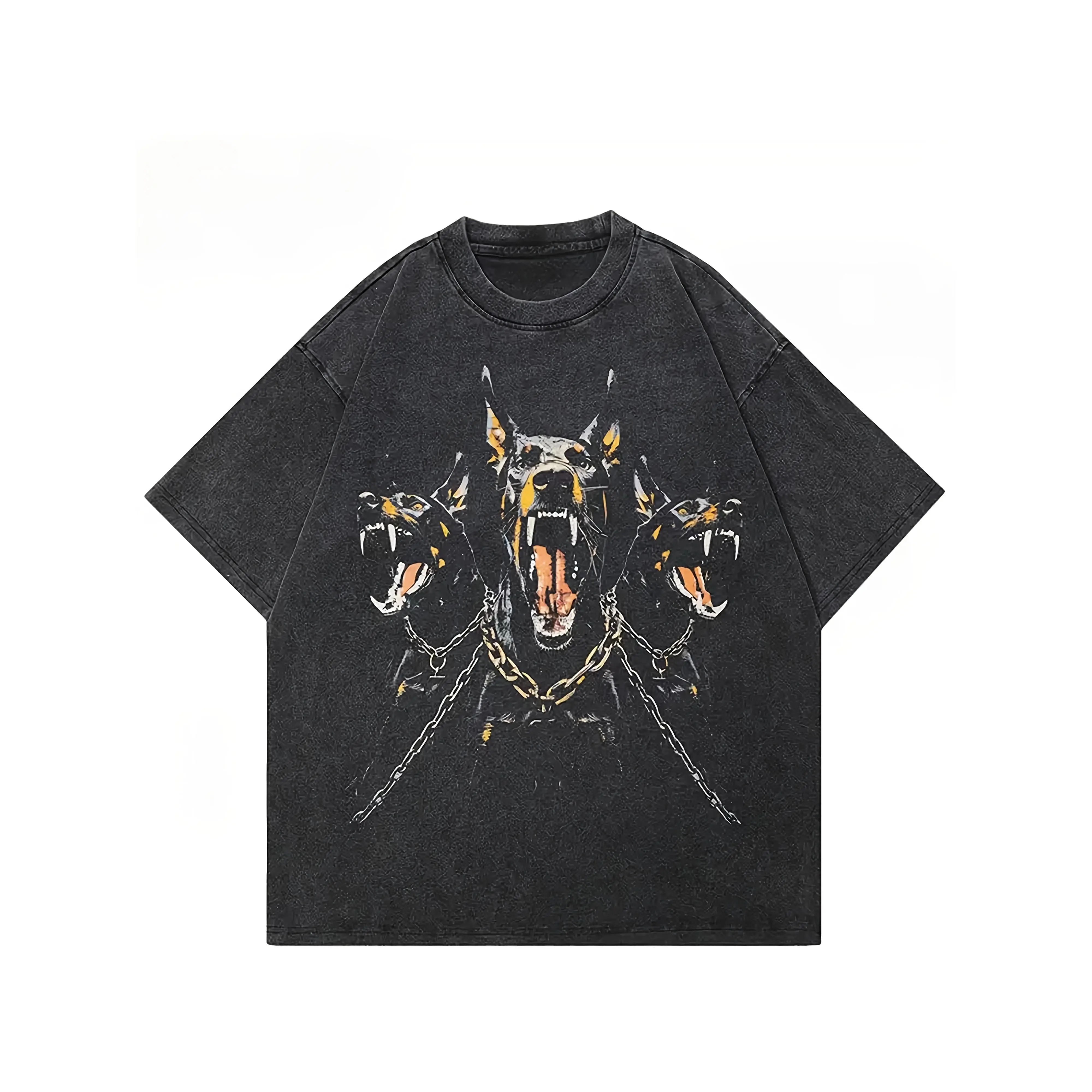 Holafish Vintage Acid Washed Black T-Shirt, Street Style Doberman Graphic, Casual Top with Bold Roaring Dog Design, Machine Washable, Casual Wear | Bold Graphic Tee | Stretchable Material, Dog Tshirt Round Neck Cotton