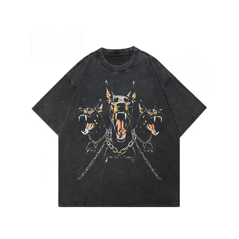 Holafish Vintage Acid Washed Black T-Shirt, Street Style Doberman Graphic, Casual Top with Bold Roaring Dog Design, Machine Washable, Casual Wear | Bold Graphic Tee | Stretchable Material, Dog Tshirt Round Neck Cotton