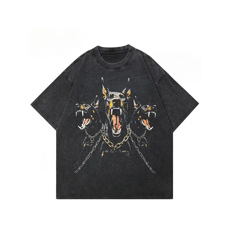 Holafish Vintage Acid Washed Black T-Shirt, Street Style Doberman Graphic, Casual Top with Bold Roaring Dog Design, Machine Washable, Casual Wear | Bold Graphic Tee | Stretchable Material, Dog Tshirt Round Neck Cotton