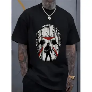 Men's Horror Movie Character Graphic T-Shirt with White Skull Design in Black and Red Stripes Casual Round Neck Short Sleeve Tee Durable Print for Year-Round Wear
