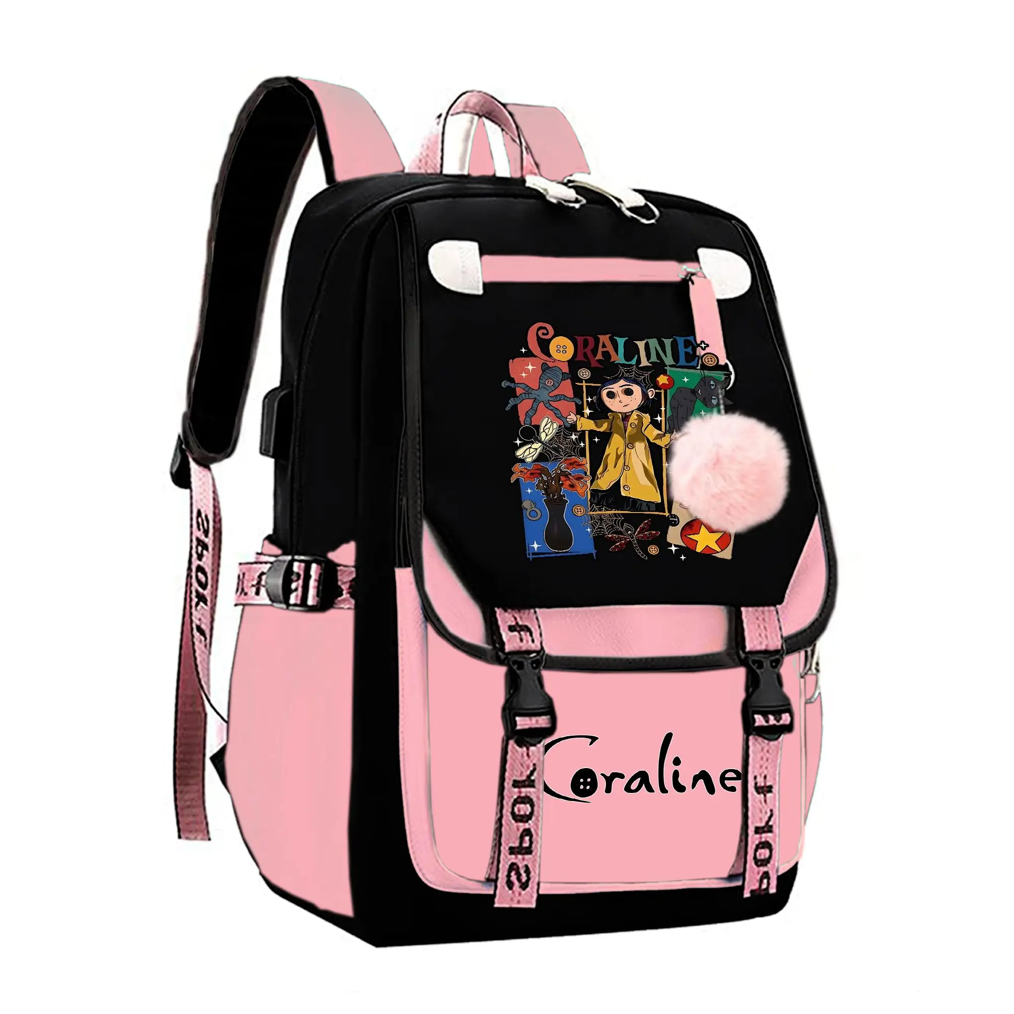 Coraline Graphic Backpack for Girls, Y2K Pink and Black School Bookbag with Keychain, Waterproof Travel Laptop Bag for Teens College d-7