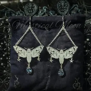 Gothic Silver Tone Moth Earrings with Blue Crystal Teardrop Celestial Stars Witchy Wiccan Jewelry