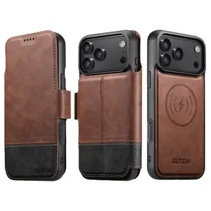 SUTENI Faux Leather Wireless Charging Card Holder Stand Wallet Magnetic Flip Cover Phone Case For iPhone 17 Pro Max 16 Plus 15 14 13 12 For Unisex Relatives Friends And Elders Holiday Gift