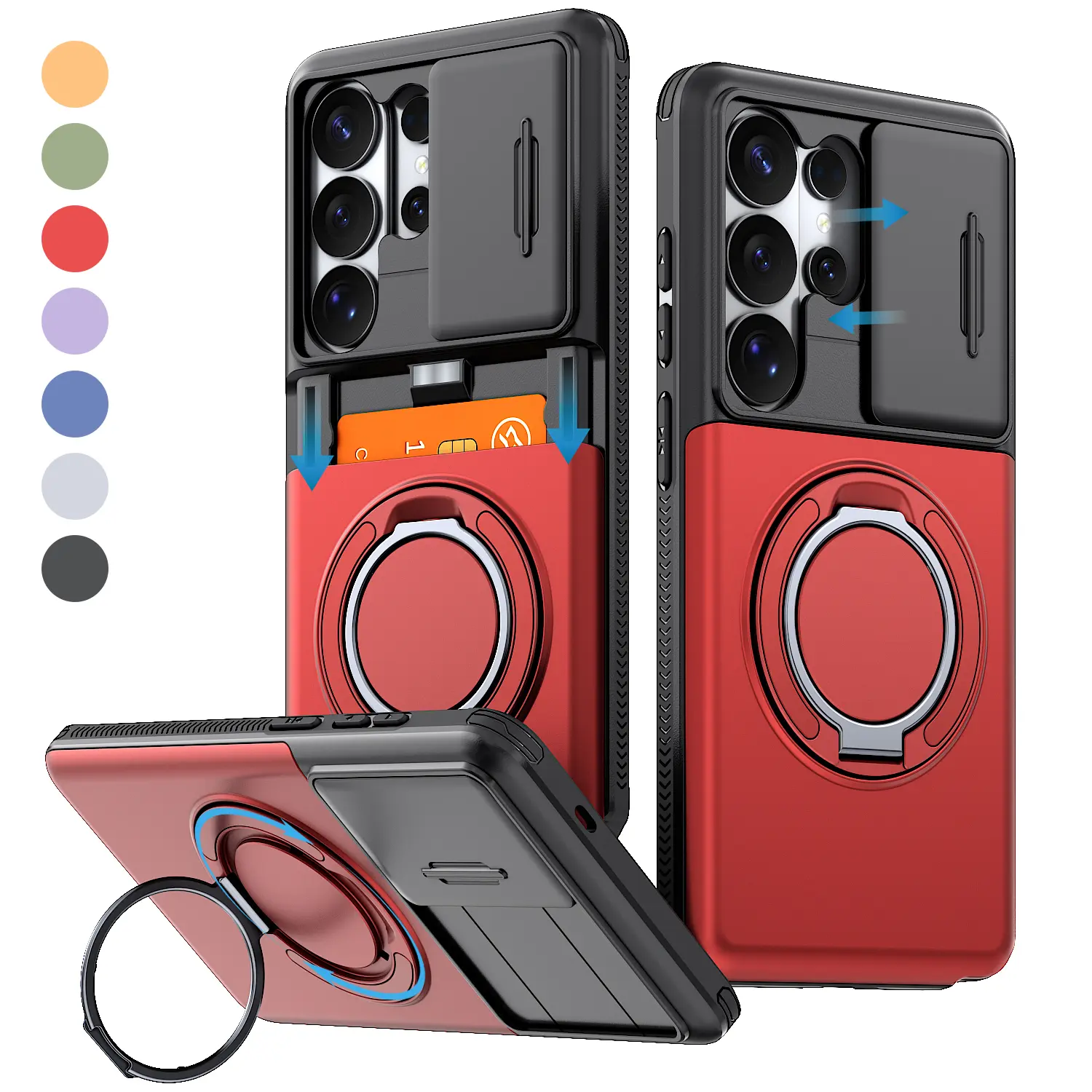 for Samsung Galaxy S26 Ultra S25 S24 Case, 360° Magnetic Ring Kickstand, Card Holder [Store 2 Cards], Slide Camera Cover, Dual-Layer Shockproof Protective Magnetic Accessory Friendly S26 Ultra Phone Case