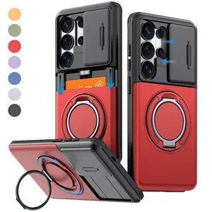 for Samsung Galaxy S26 Ultra S25 S24 Case, 360° Magnetic Ring Kickstand, Card Holder [Store 2 Cards], Slide Camera Cover, Dual-Layer Shockproof Protective Magnetic Accessory Friendly S26 Ultra Phone Case