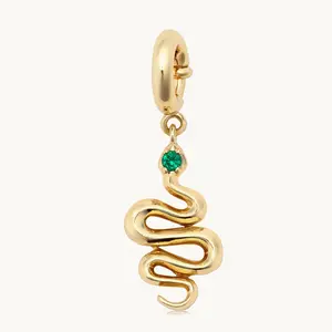 Little Words Project, Snake Charm, Multi-Use Jewelry Accessory, 14K Gold-Plated Brass, Green CZ Stone