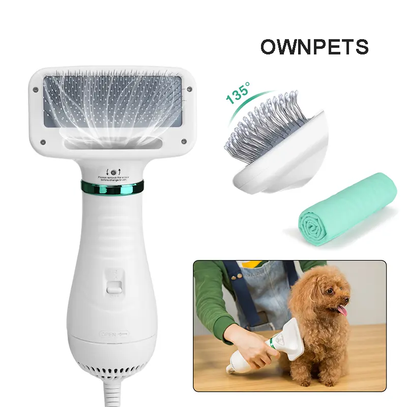 Ownpets 2 in 1 Quiet Portable Pet Grooming Blower with Slicker Brush, Adjustable Temperature & Fast-Drying Towel, Home Pet Care for Dogs, Cats & Other Coated Breed