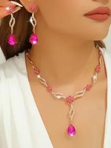 New Flower Necklace Earrings Set Crystal Gemstone Jewelry Dress Bride Party Women Accessory Valentine's Day Gift