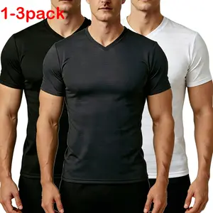 1-3 Pack Men's Ice Silk Short-Sleeve V-Neck Plain T-Shirt Shapewear Vests, Raglan Curved Hem, Soft Stretchy Casual Basic Summer Tops