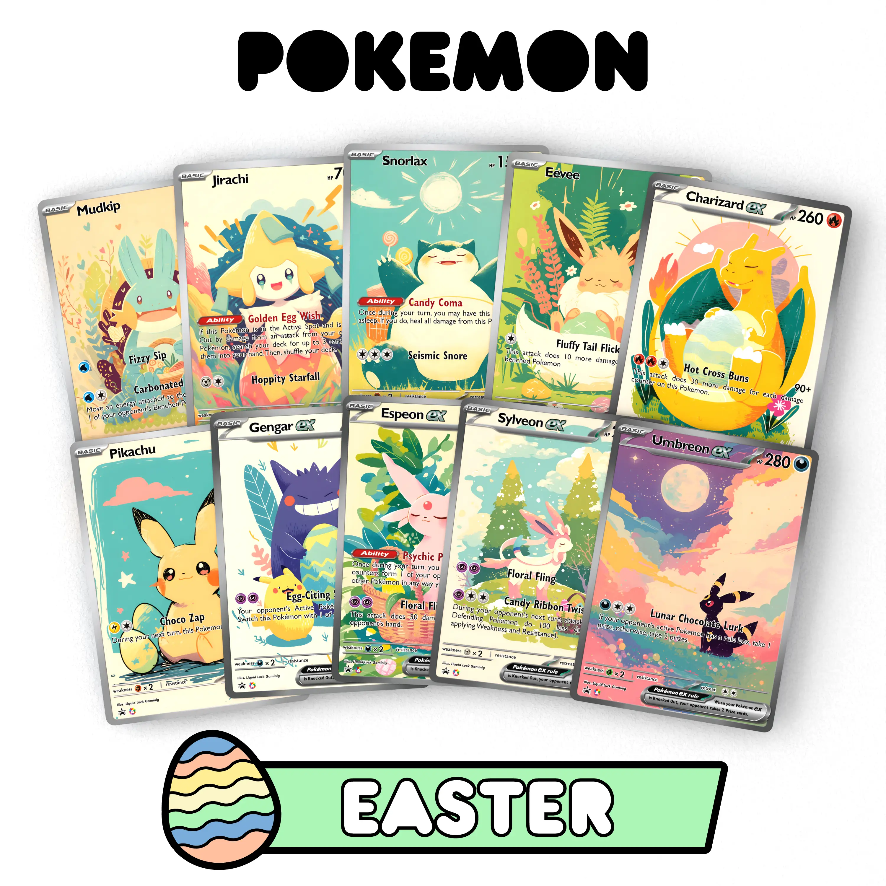 Adorable Easter Pokemon | Custom Fan-Art Pokemon Cards | The Perfect Easter Pokemon Gift | Umbreon, Pikachu, Eevee, Charizard, and More! Tcg Booster P