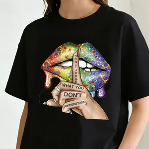 Women'S Trendy Short Sleeve Graphic Tee - Vibrant Rainbow Glitter Lips & Shushing Finger Print with Don'T Judge What You Don'T Understand Statement - Casual Loose Fit Crew Neck Top, Soft Breathable Fabric for Everyday Wear, Spring & Summer Fashion