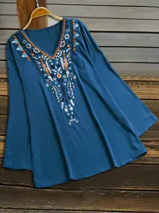 Plus Size Women's Bohemian Embroidered Loose Woven Long Sleeve Shirt Blouse, V Neck Asymmetrical Design, Casual Chic Fashion Top for Spring & Fall Womenswear