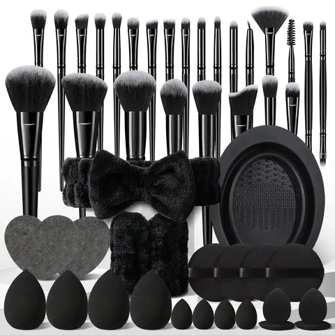 47pcs Festive Season Makeup Brush Gift Box, Cosmetic Tools, Makeup Brushes, Sponges, Finger Puffs, Powder Puff, Cleaner Bowl, Headband & Wristbands