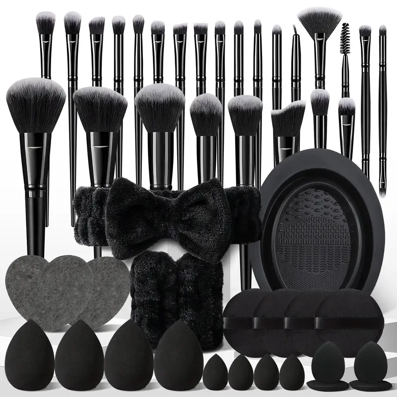47pcs Festive Season Makeup Brush Gift Box, Cosmetic Tools, Makeup Brushes, Sponges, Finger Puffs, Powder Puff, Cleaner Bowl, Headband & Wristbands
