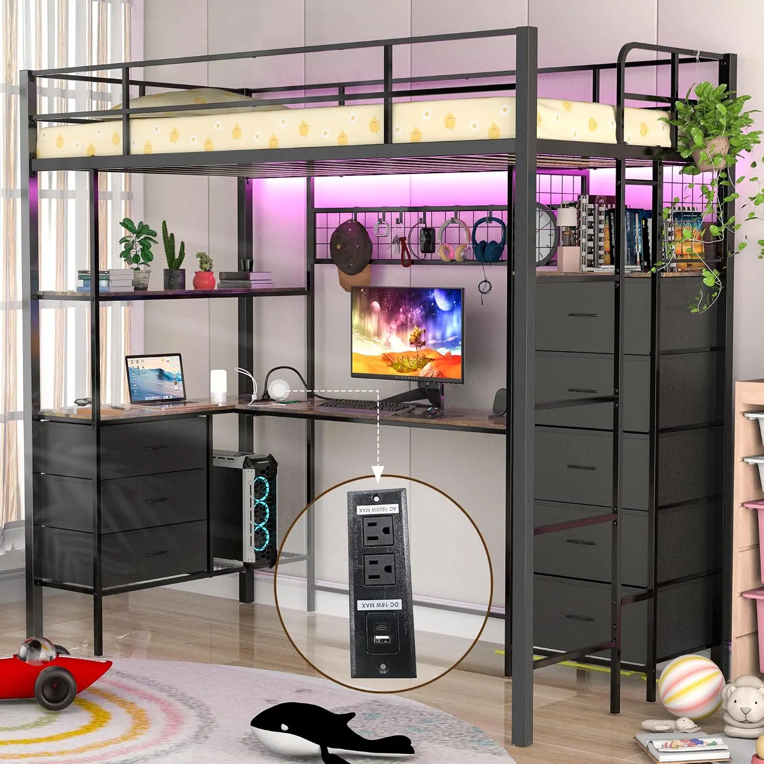 Twin Size Loft Bed with Desk, LED Lights, Charging Station, Industrial Loft Bed Frame with 3 Storage Shelves and 8 Fabric Drawers, Safety Guard & Ladder,LED Metal Twin Size Bunk Bed