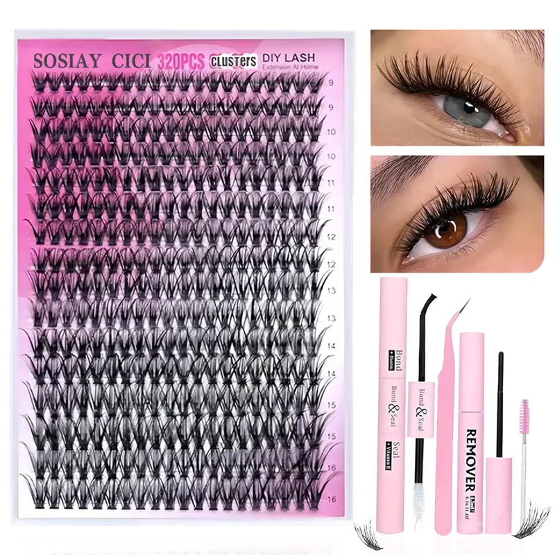 SOSIAY CICI Home Use Eyelashes Clusters Kit, DIY Lash Extension Set with 320 Individual Lash Clusters (40D D Curl, 9-16MM), Bond, Seal & Eyelash Applicator for Custom At-Home Makeup Looks