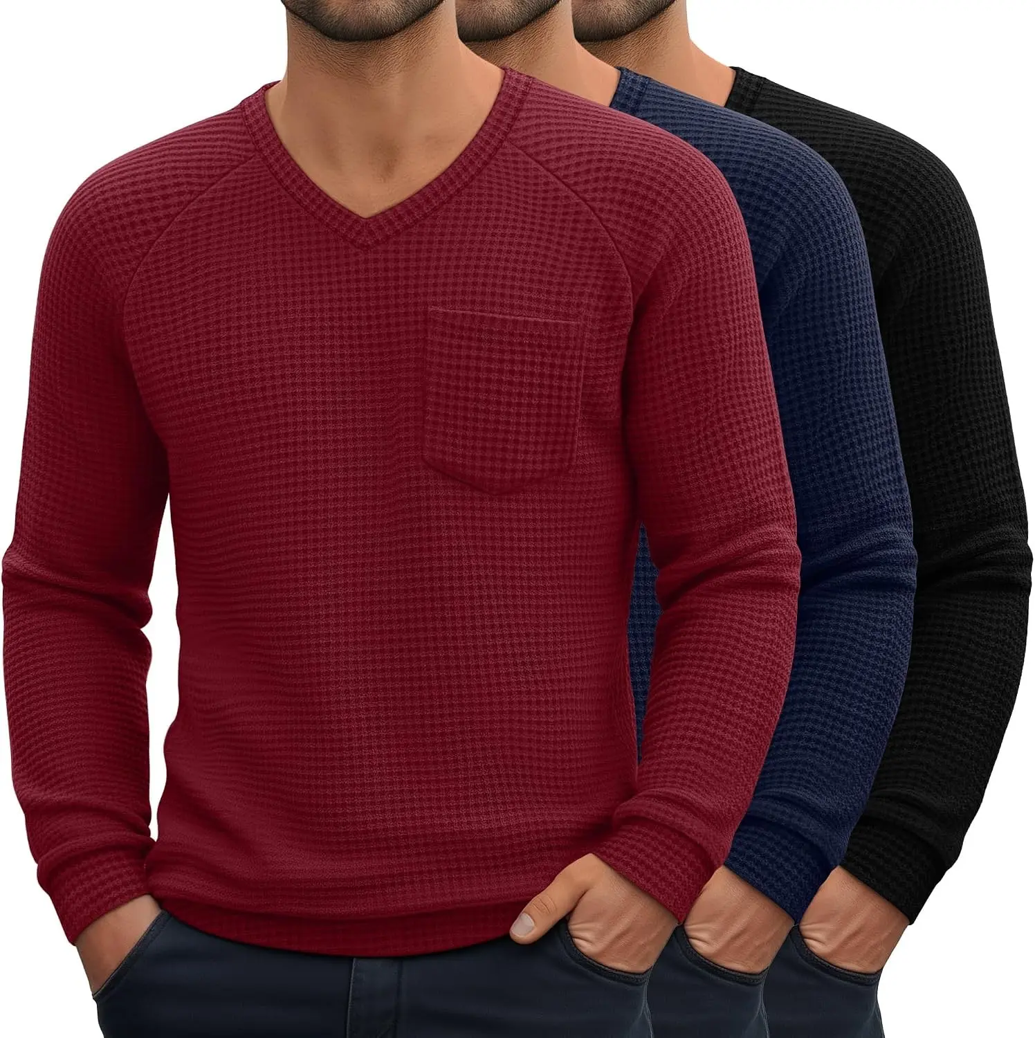 3 Pack Men's Big and Tall Waffle Thermal Long Sleeve Shirts V Neck Tops Casual Pullover Knit Undershirt with Pockets
